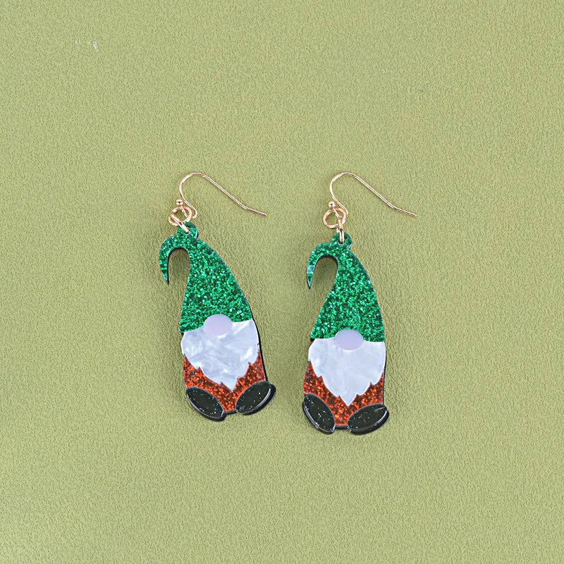 Santa Claus cartoon character acrylic earrings in red and green hat colour variations