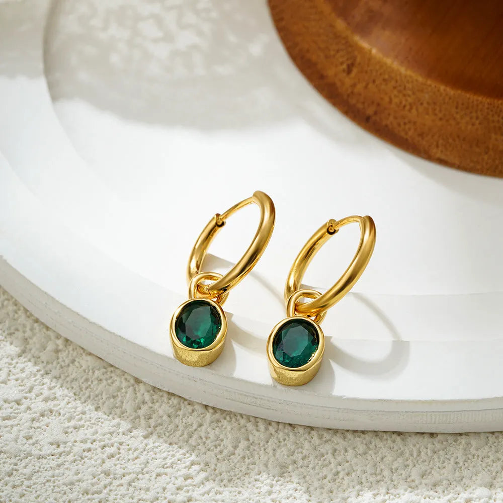 Women's retro oval drop earrings with zircon, shown in an Army Green colour option.