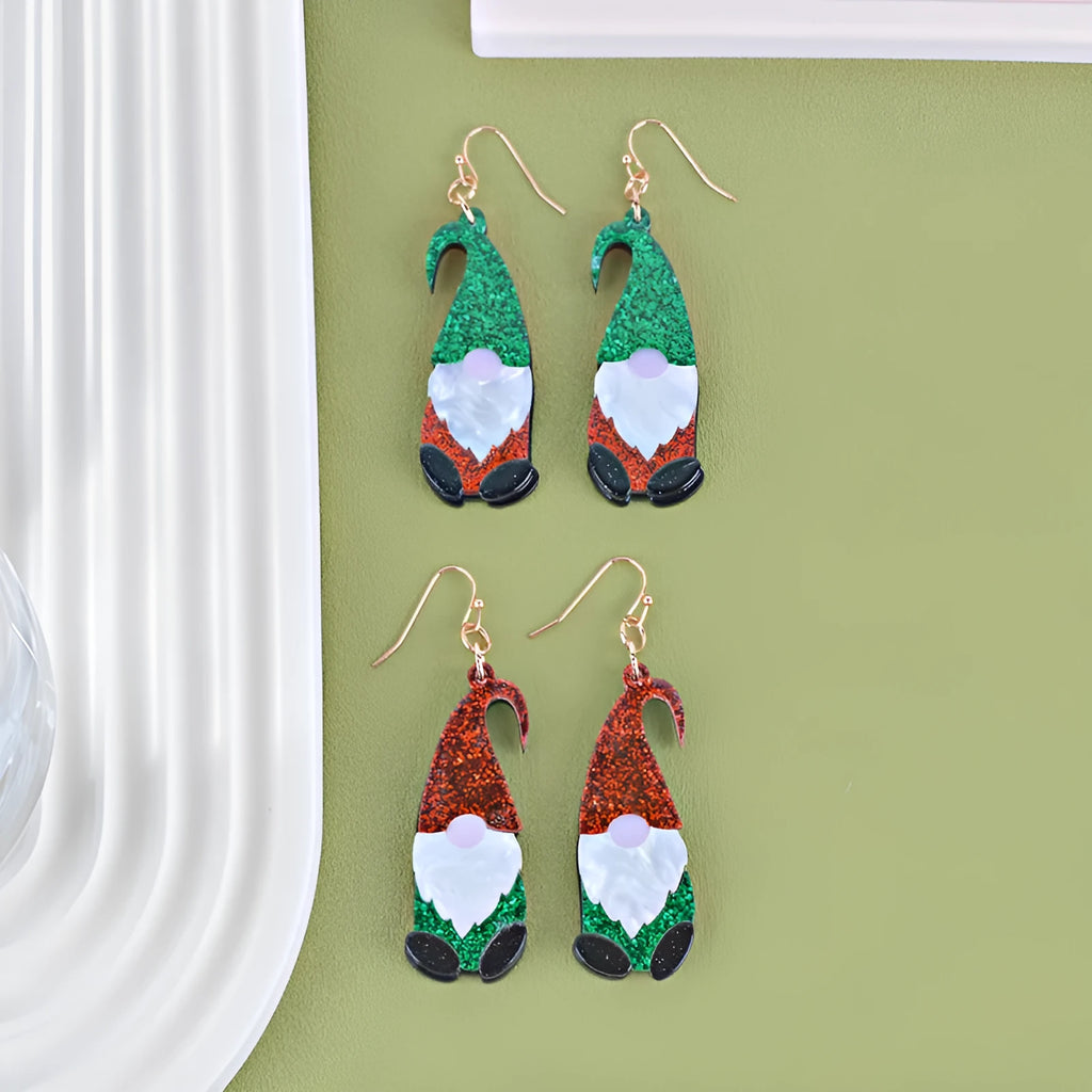 Santa Claus cartoon character acrylic earrings in red and green hat colour variations