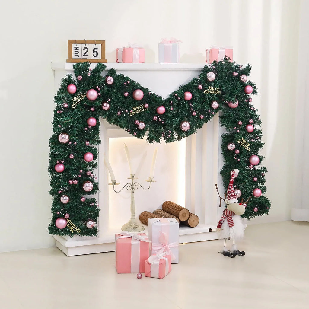 Pink Korean-style Christmas rattan garland decoration measuring 2.7 metres long with small fruit details.