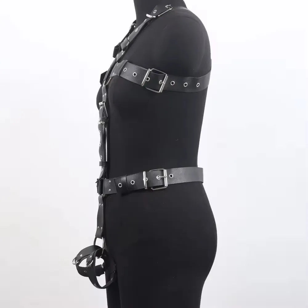 Black thin-strap imitation leather body harness waist belt with a pin buckle fastening.