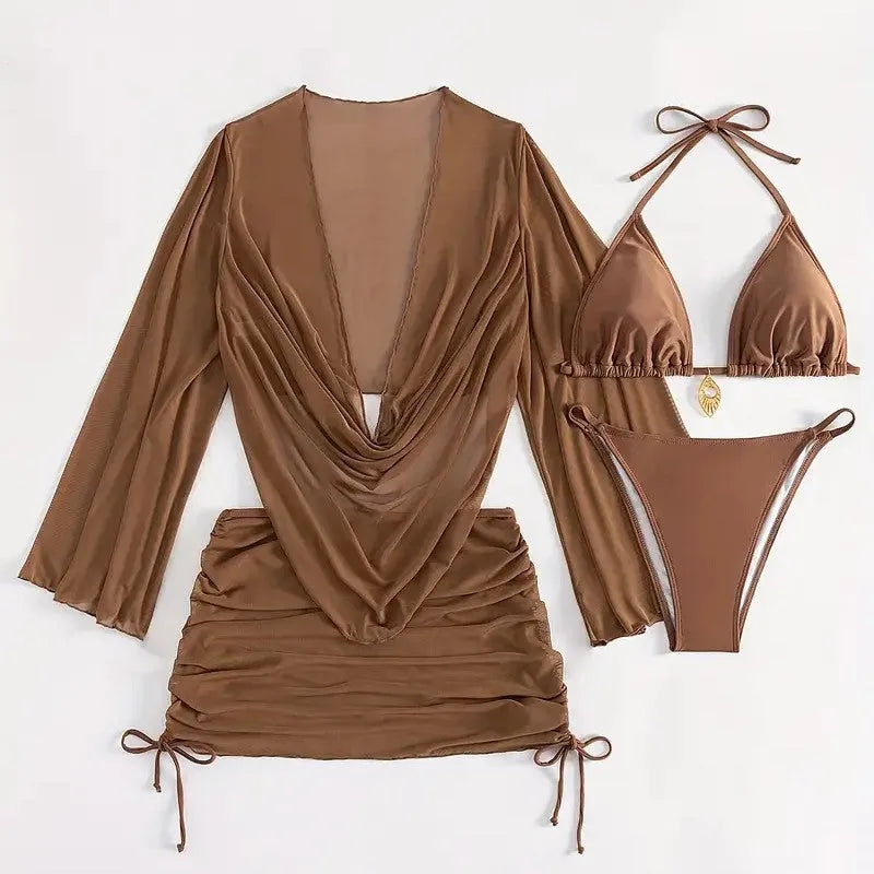 Dark brown sleeveless lace-up backless women's swimsuit on a mannequin