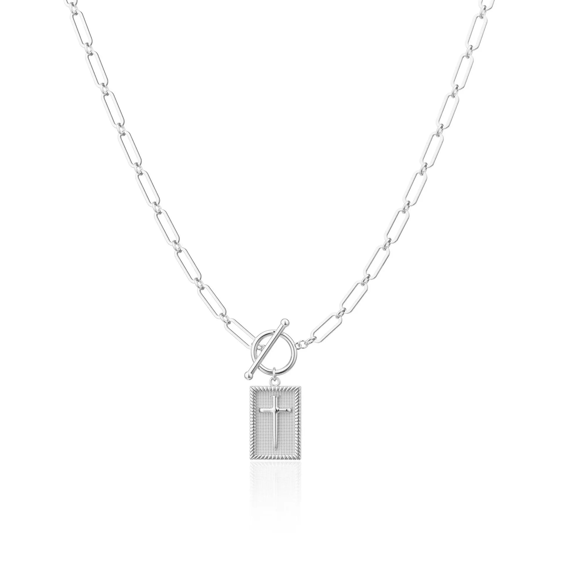 Gold electroplated stainless steel clip chain necklace with cross and square geometric pendant on white background