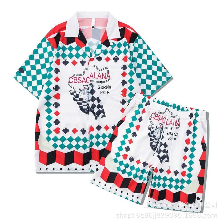 Plaid patterned beach shirt and trousers outfit set for men and women in polyester fabric