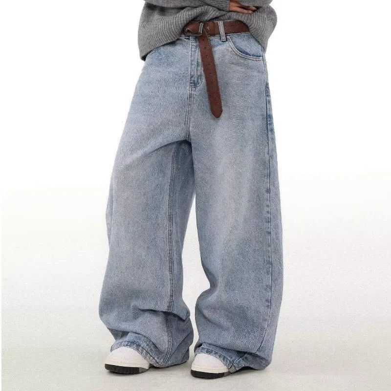 Men's blue retro washed distressed straight-leg cotton denim jeans with a mid waist.