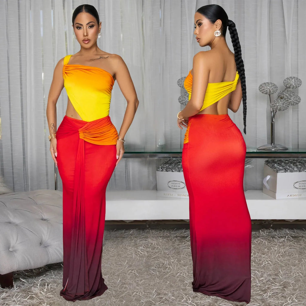Women's long gradient dress with oblique shoulder and sleeveless design in green.