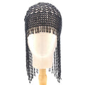 Handmade beaded alloy belly dance hat hair ornament with tassel in silver or black.