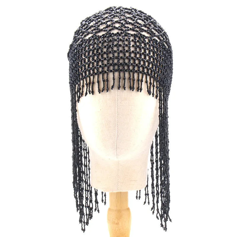Handmade beaded alloy belly dance hat hair ornament with tassel in silver or black.