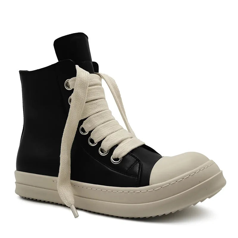 High-top leather sneakers with side zipper in black, creamy white, rose red, and olive green colours