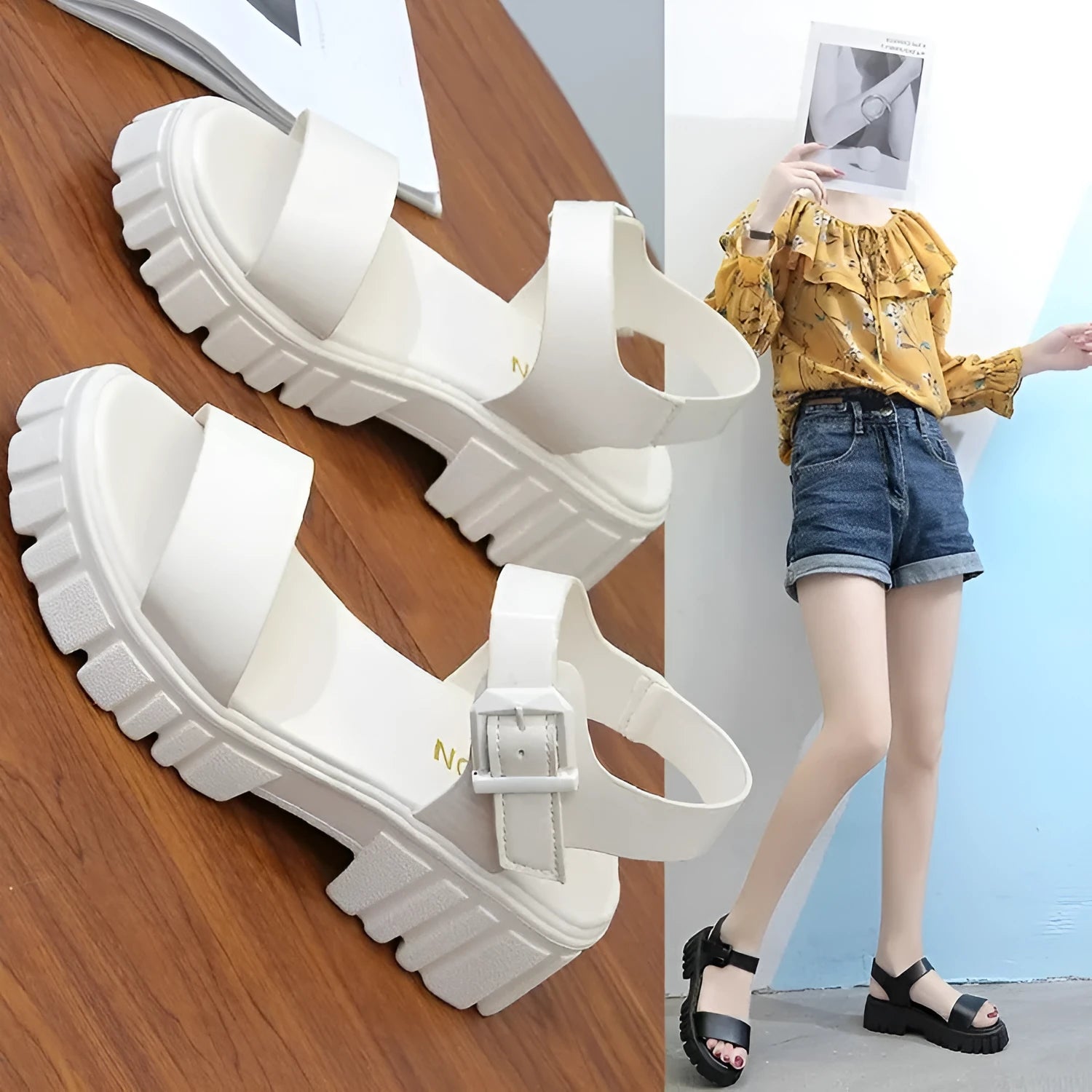Beige women's platform sandals with ankle-strap buckle and peep toe fish mouth design.