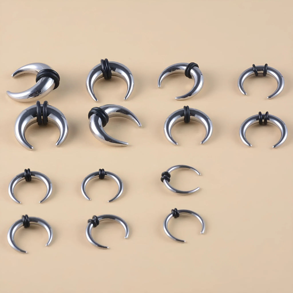 316 stainless steel C-shaped nose ring with buffalo horn detail in black and steel colour, showing size options.
