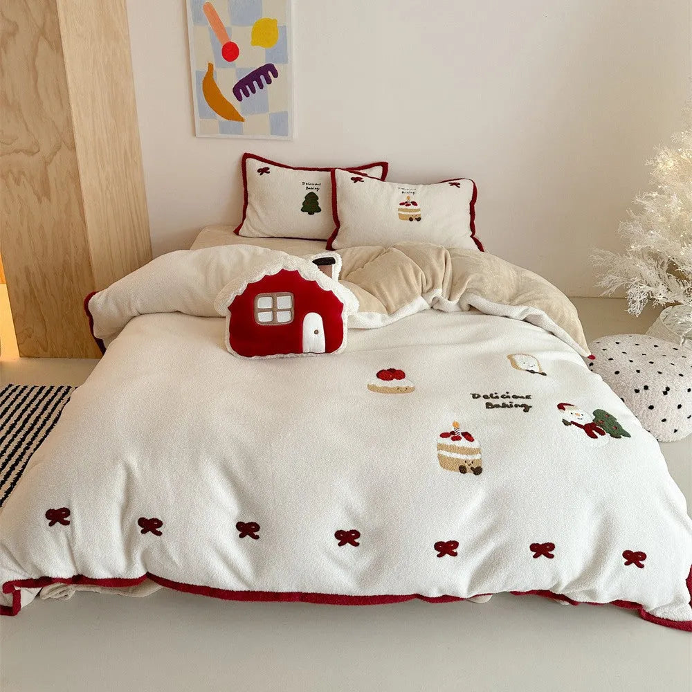 Winter Christmas cartoon bedding four-piece set with Xuefu Milk Pastry design on polyester bed sheet, duvet cover, and pillowcases