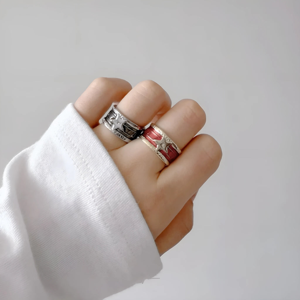 Adjustable geometric copper ring with a distressed electroplated finish in a choice of colours.