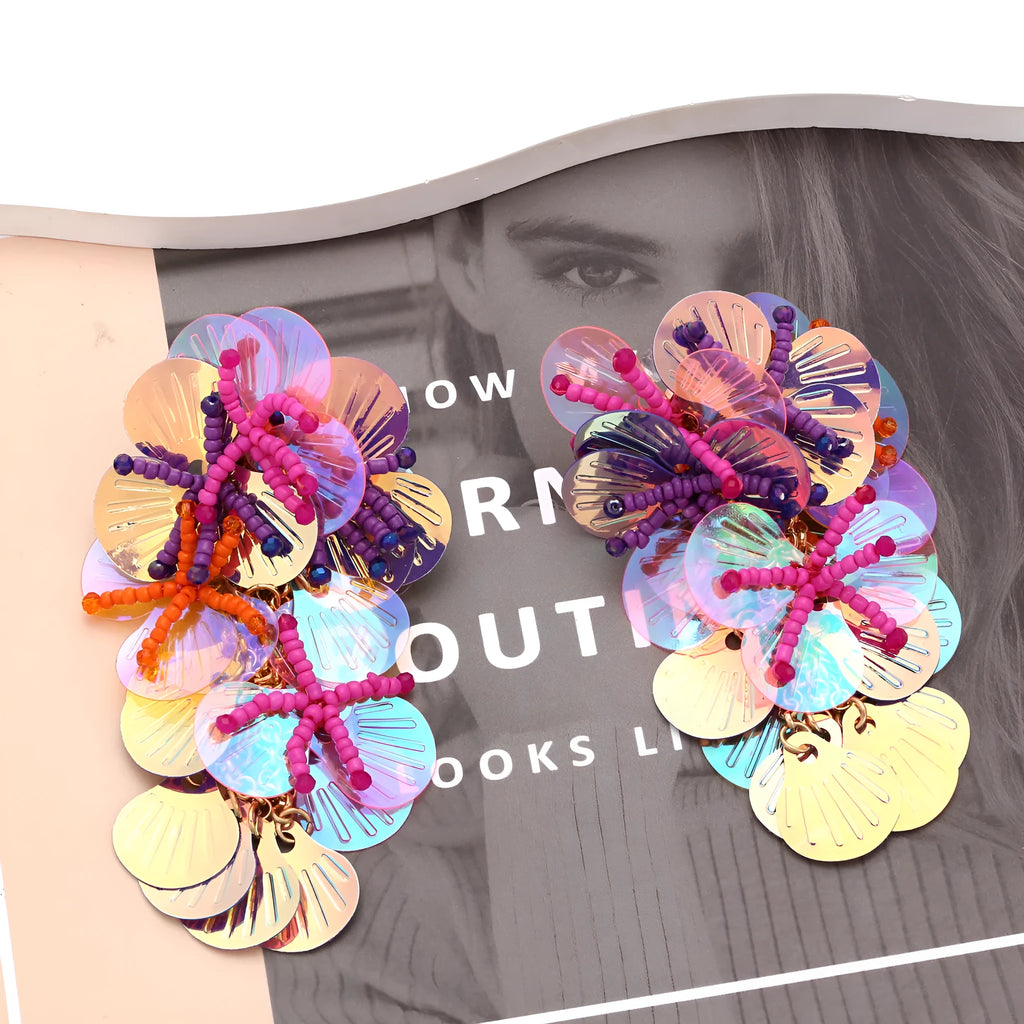 Handmade colourful flower earrings with string bead design in rose and purple tones