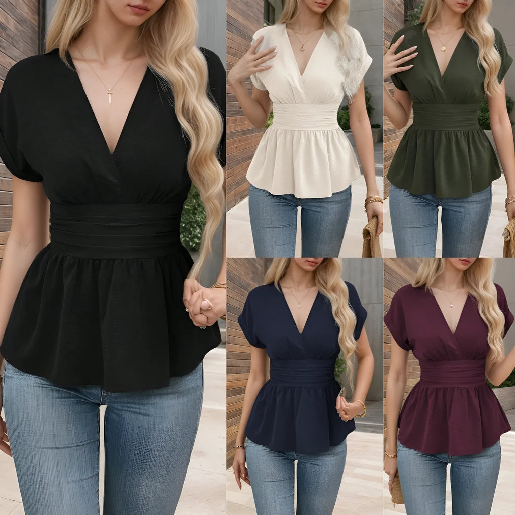Women's black V-neck short-sleeve top with waist pleats, slim fit, on a hanger.