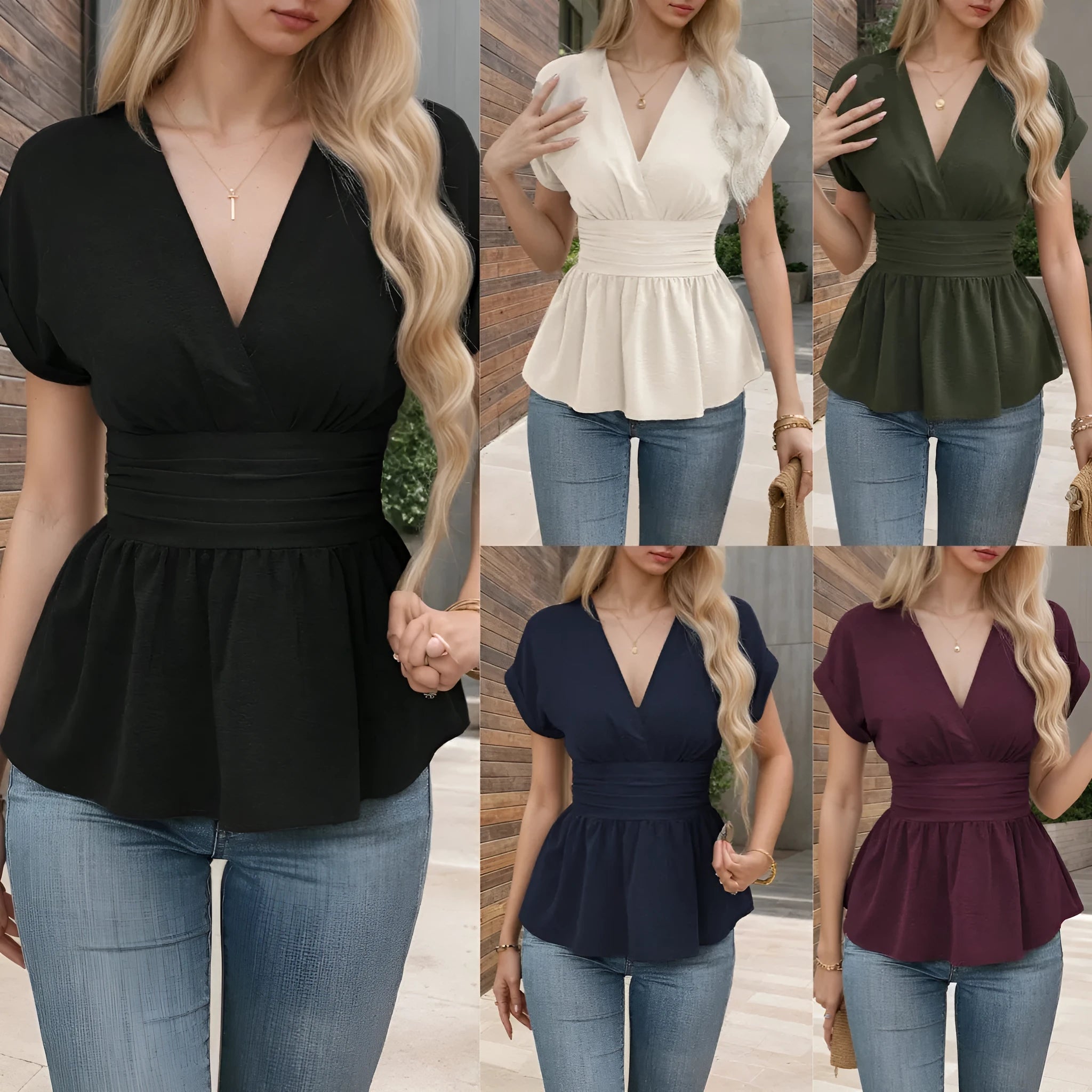 Women's black V-neck short-sleeve top with waist pleats, slim fit, on a hanger.