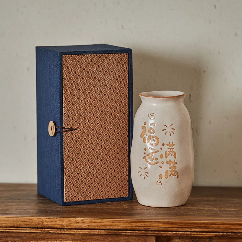 Chinese hand-painted ceramic joy vase with traditional designs and 8 cm base