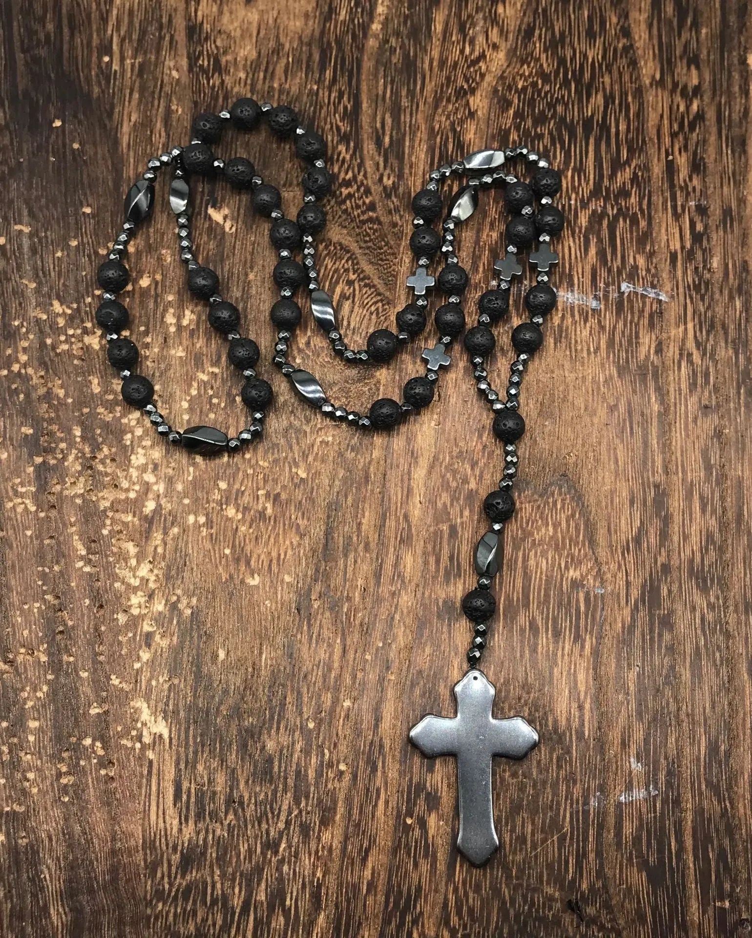 Men's stone cross pendant necklace with hand-woven detail on ball bead chain