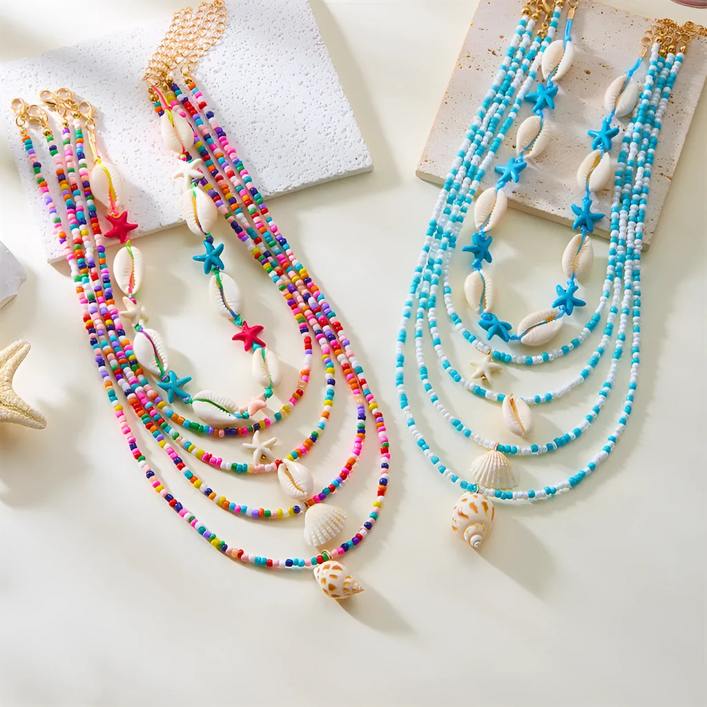 Women's 5-piece starfish shell bead necklace set with adjustable perimeter