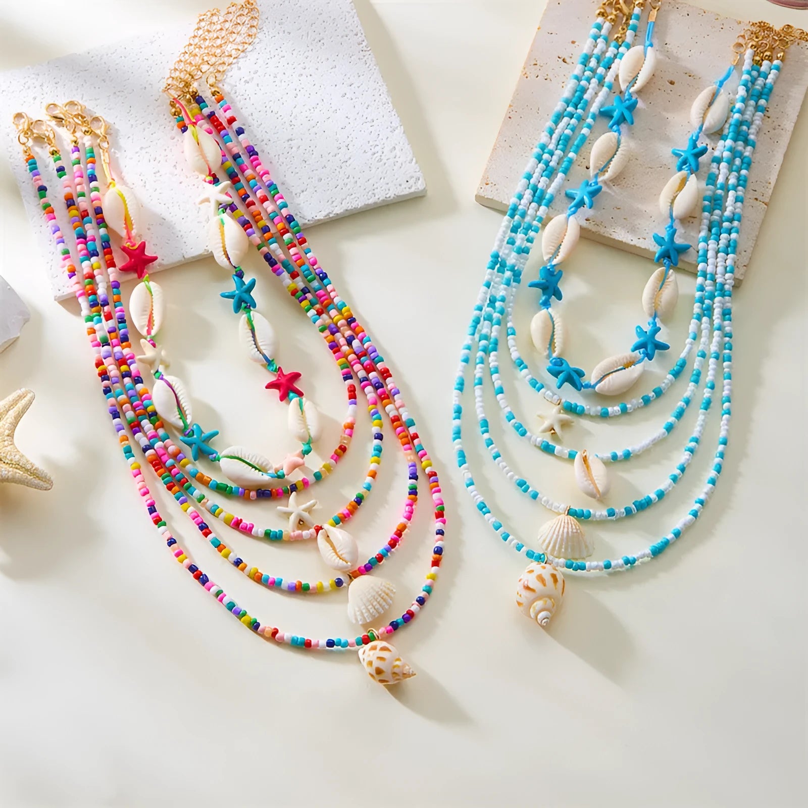 Women's 5-piece starfish shell bead necklace set with adjustable perimeter