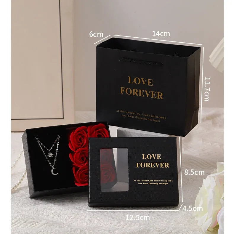 Korean style soap flower gift box containing six roses with gift box and handbag in red, pink or black colours