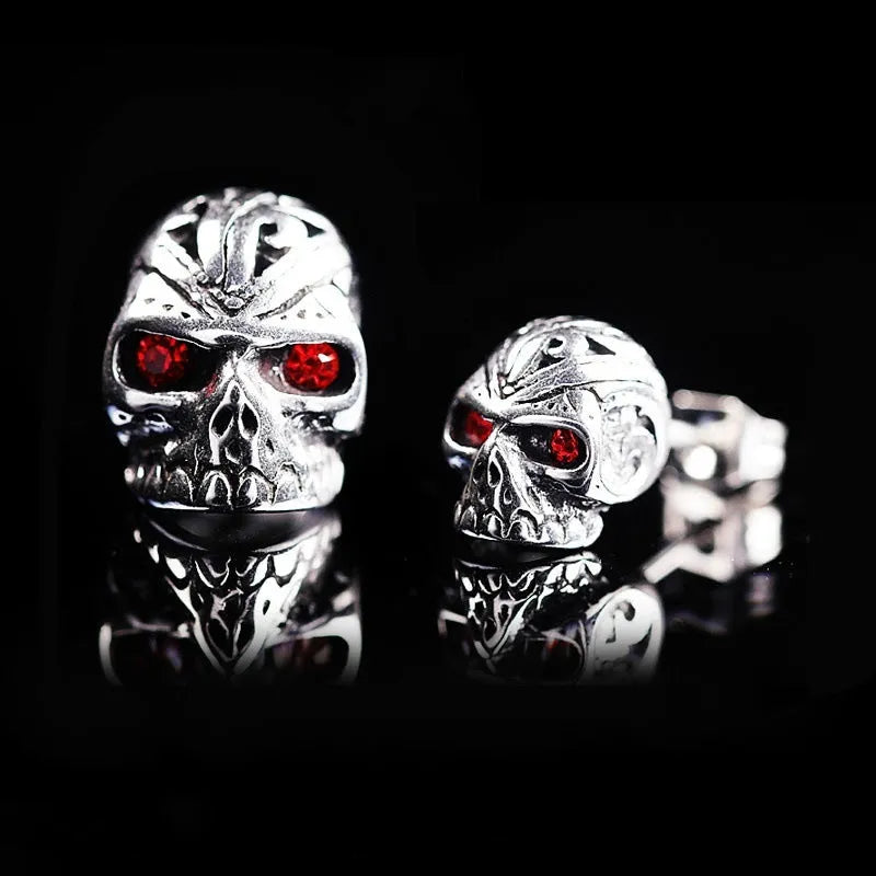 Retro red eye ghost head skull stud earrings with alloy construction and gemstone inlays