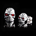 Retro red eye ghost head skull stud earrings with alloy construction and gemstone inlays