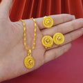 Gold-coloured three-piece jewellery set showing necklace with water wave chain, floral design earrings, and matching ring.