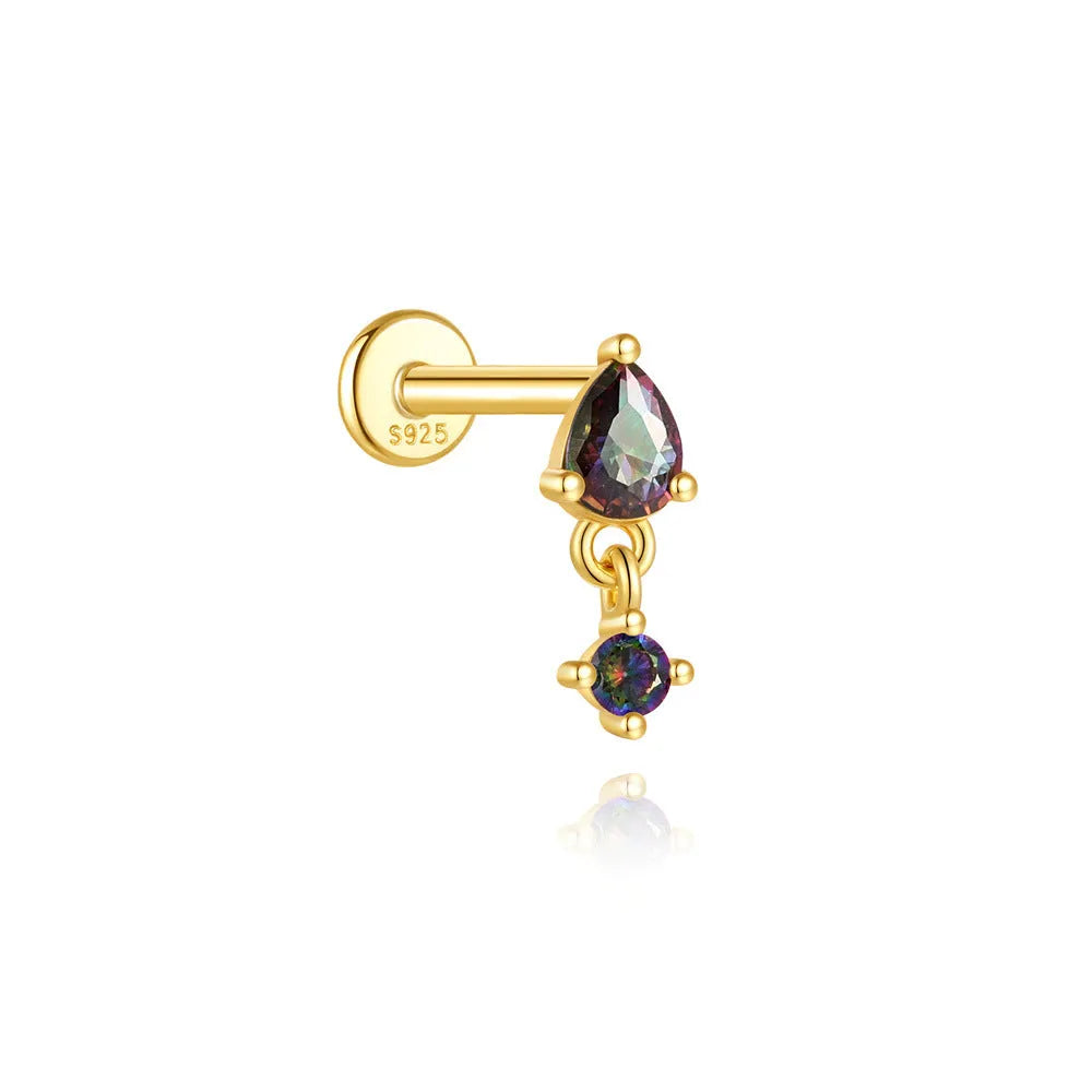 S925 sterling silver thread piercing earring with a flat head rainbow stone in a gold tone.