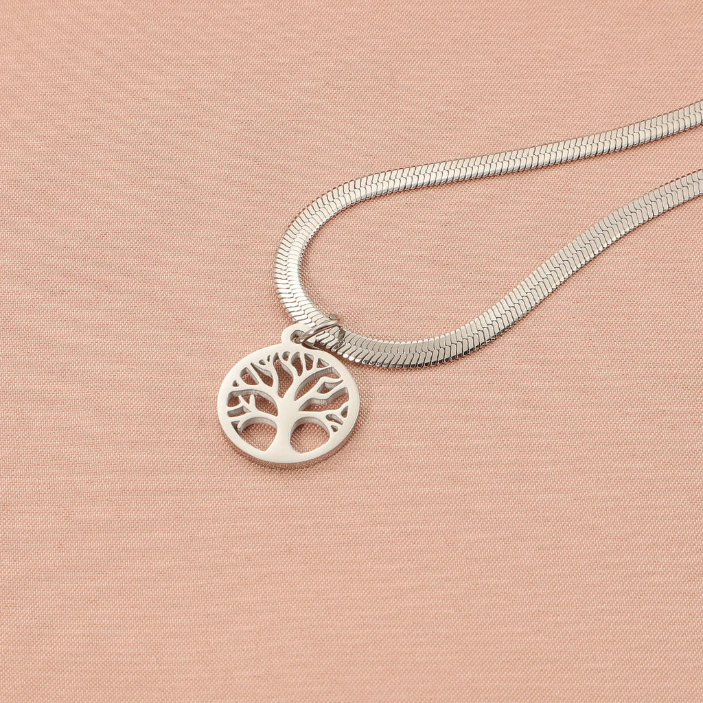 Stainless steel necklace with a U-shaped titanium steel tree pendant on a snake bones chain.