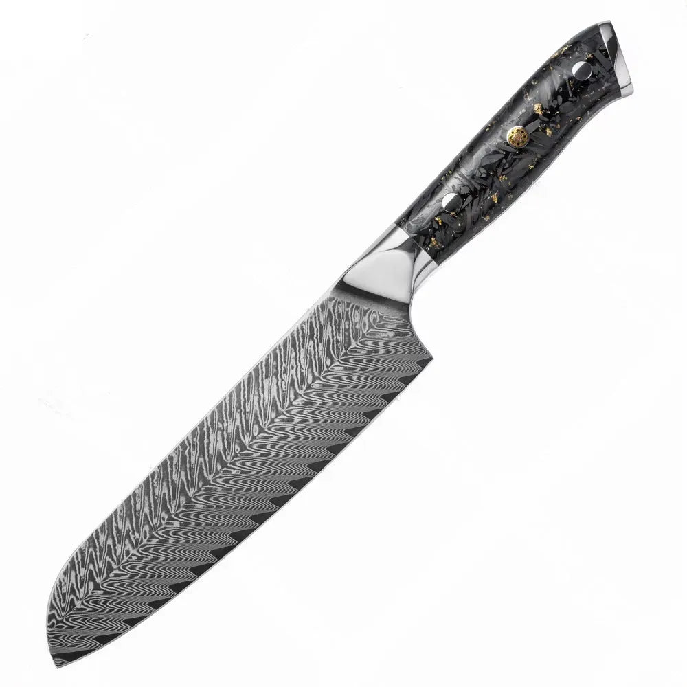 Damascus steel 8-piece kitchen knife set showing fishbone pattern on blades