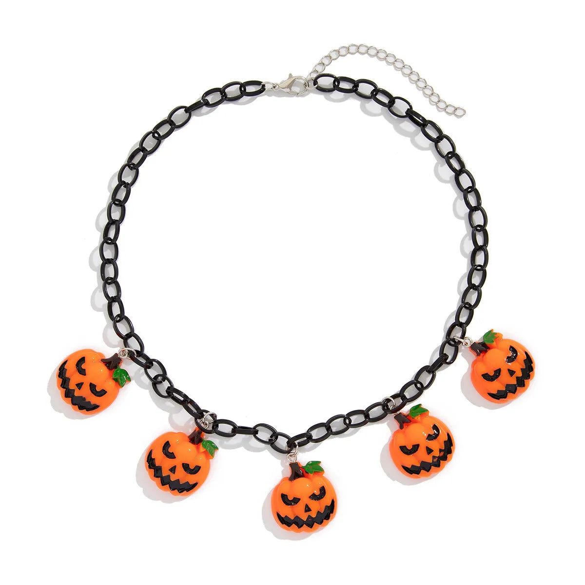 Mixed colour ghost pumpkin acrylic necklace on a regular chain, cartoon Halloween styling.