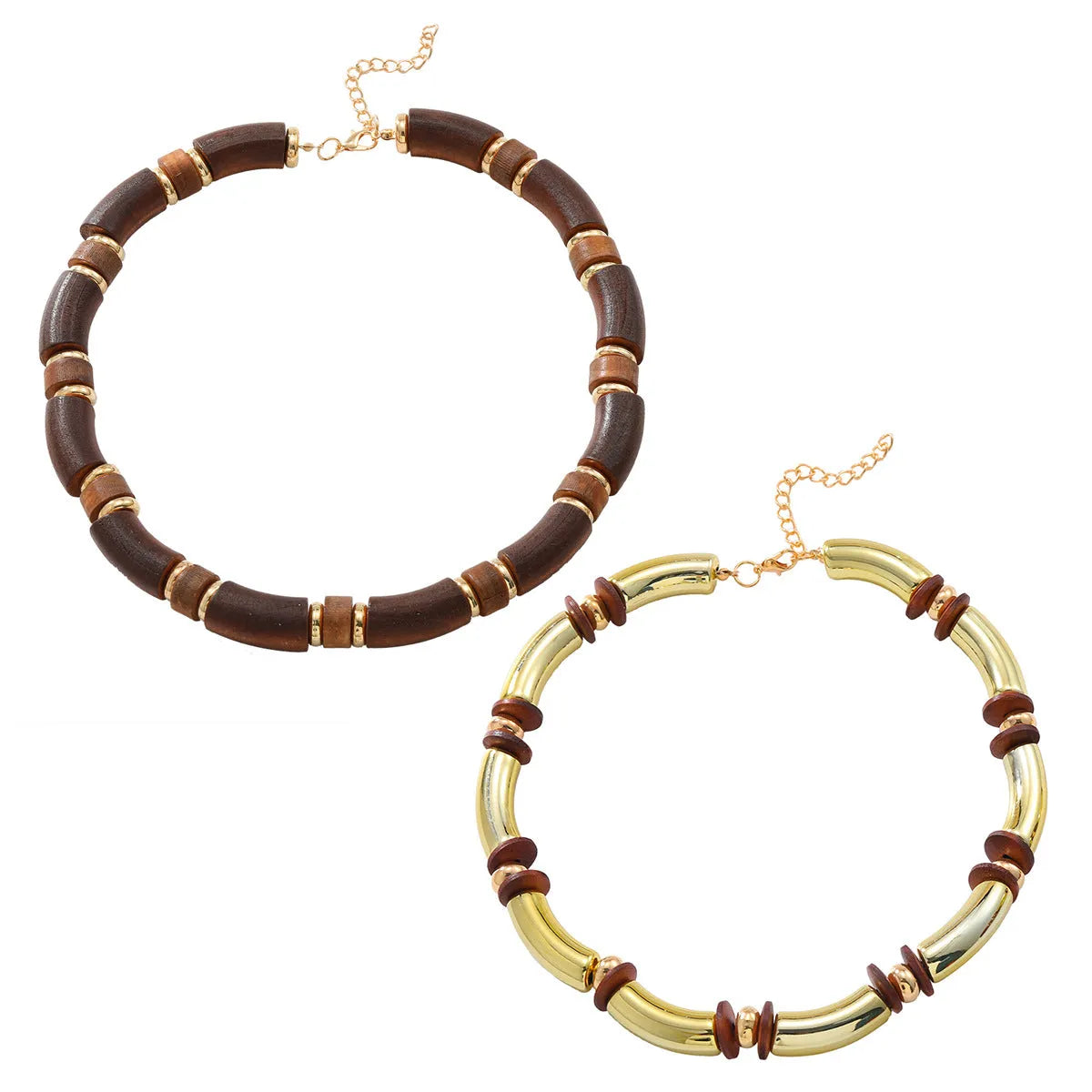 Women's multi-layer wooden necklace and bracelet set with alloy construction