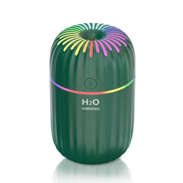 Mini green car-shaped USB aromatherapy humidifier with compact plastic housing on a white background.