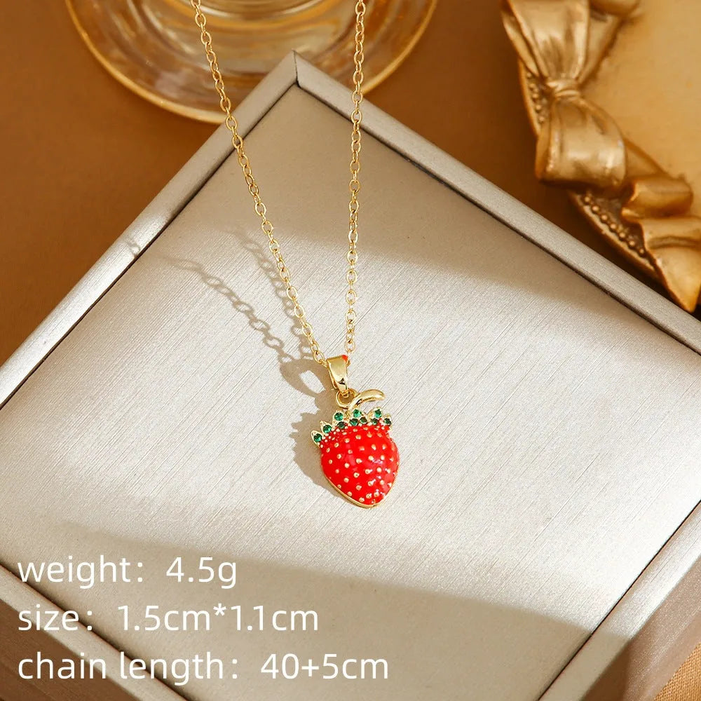Women's titanium steel necklace with O-ring chain and indie style strawberry, cherry and pepper pendant charms