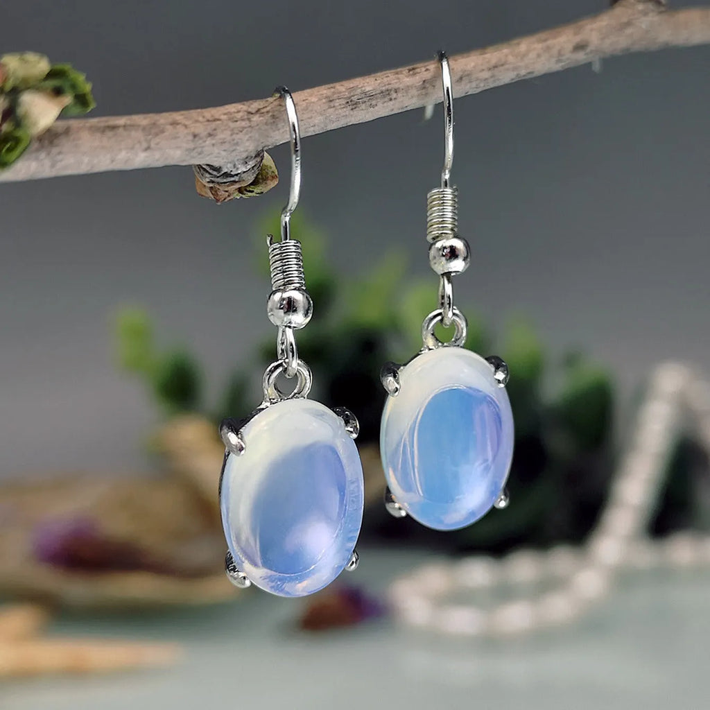 Opal earrings with cross pendant in drop shape, moonlight white colour, retro simple style