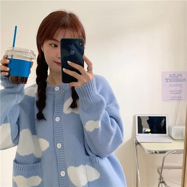 Blue cloud pattern women's cardigan sweater with loose fit and long sleeves