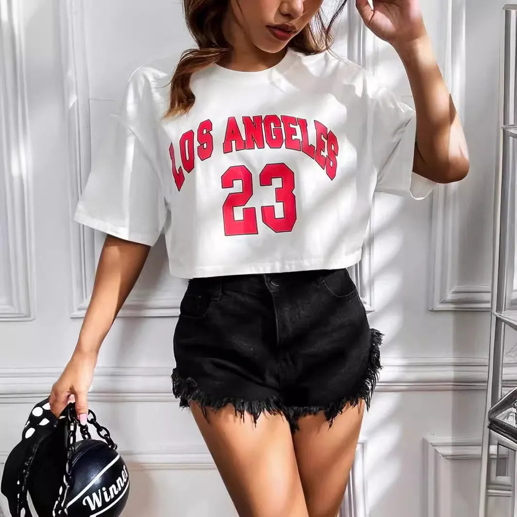 A black loose-fit cotton T-shirt with an exposed navel design and personalised English text printing on the front.