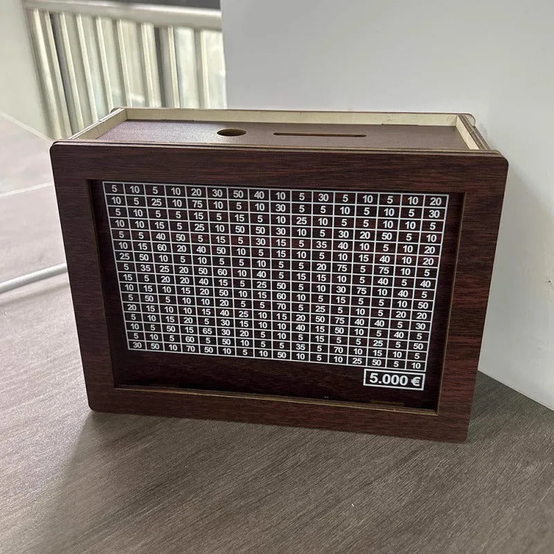 Wooden digital coin bank with retro design and modern simplicity style.