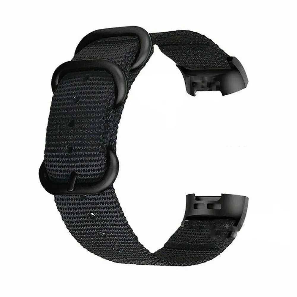 Nylon replacement watch strap with three-ring buckle for Fitbit Charge 2, 3, 4, and 5 fitness trackers.