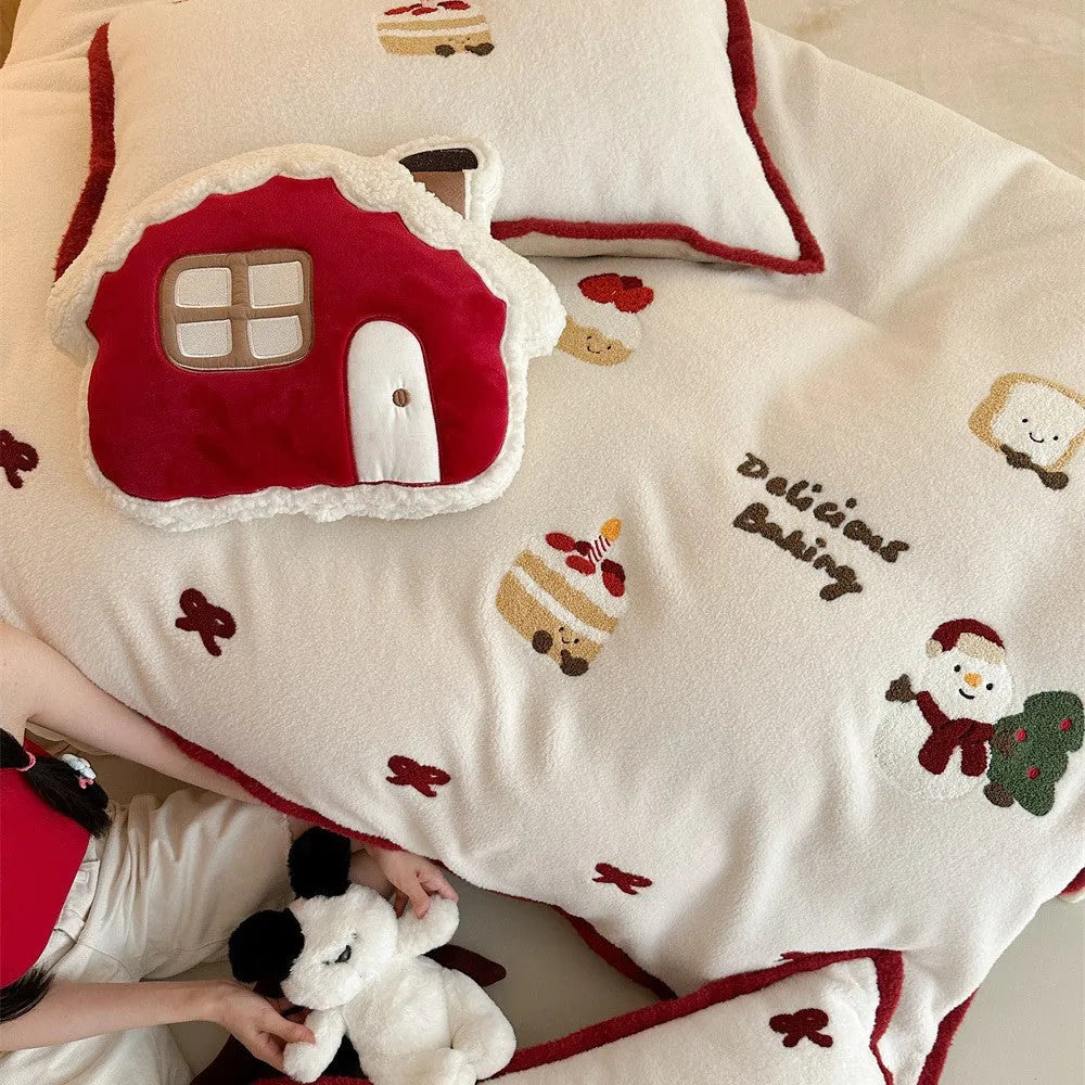 Winter Christmas cartoon bedding four-piece set with Xuefu Milk Pastry design on polyester bed sheet, duvet cover, and pillowcases