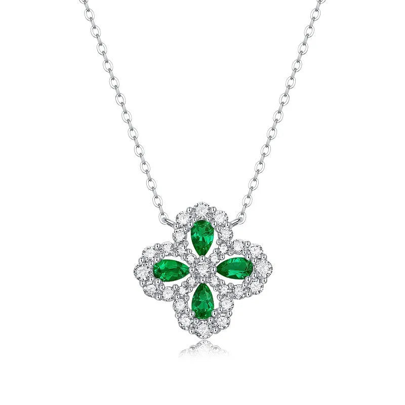 925 silver flower pendant necklace with emerald colour cubic zirconia ball bead chain