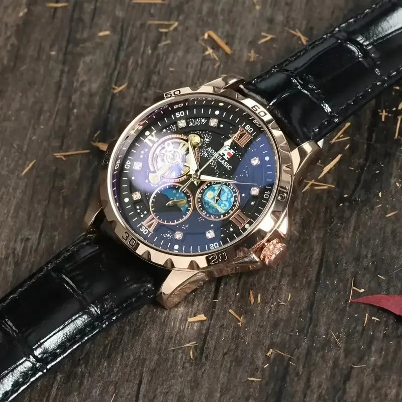 Men's automatic mechanical watch with large hollow dial and rose gold shell casing