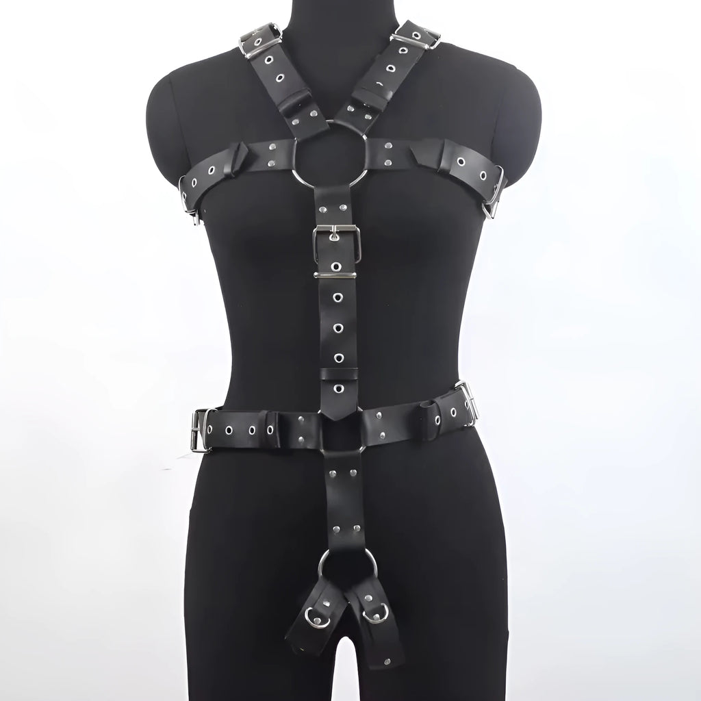 Black thin-strap imitation leather body harness waist belt with a pin buckle fastening.