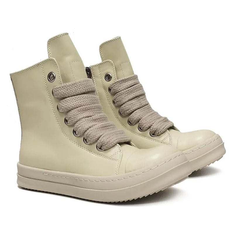 High-top leather sneakers with side zipper in black, creamy white, rose red, and olive green colours
