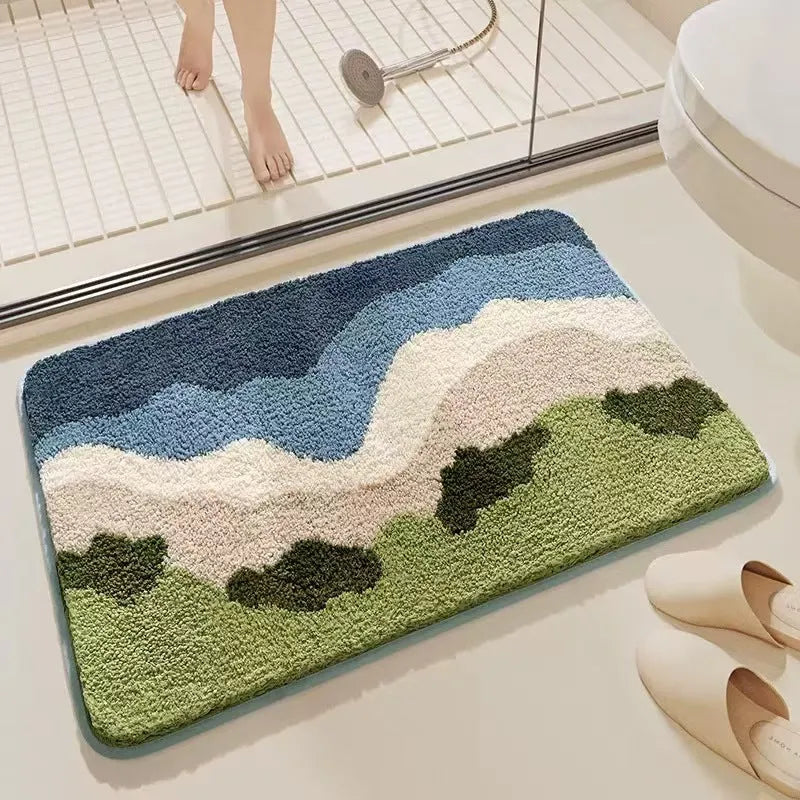 Rainbow pattern cashmere carpet floor mat with plastic bottom in sky sea colour, square shape available in two sizes