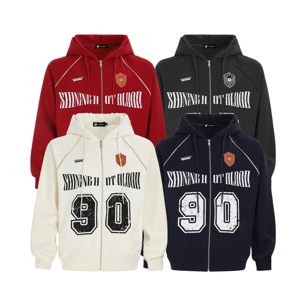 Women's American retro style hooded jacket with letter embroidery in cotton blend fabric