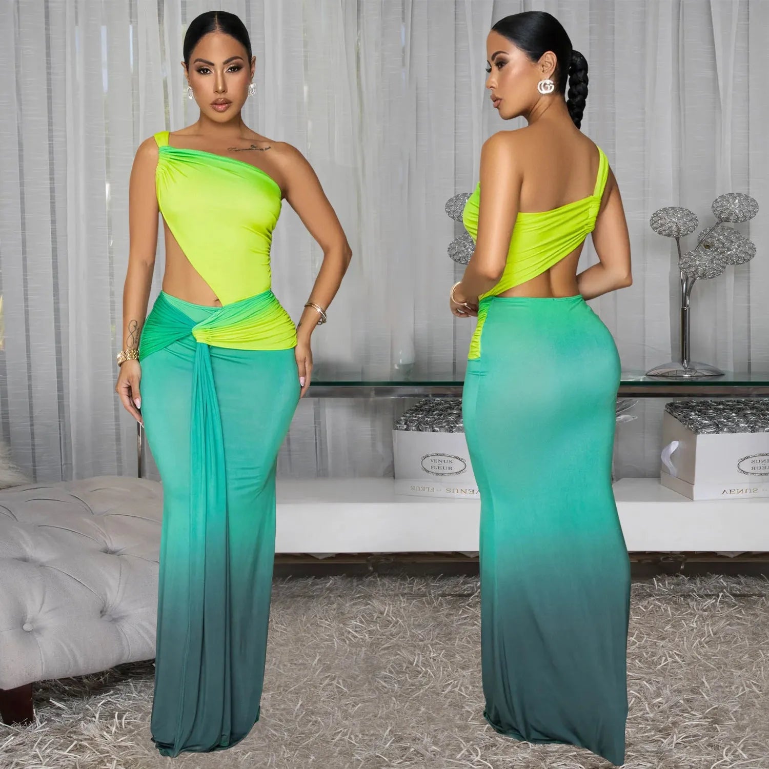 Women's long gradient dress with oblique shoulder and sleeveless design in green.