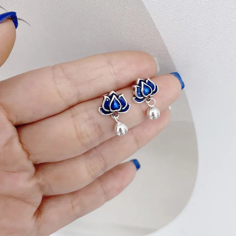 Blue lotus seedpod and tassel drop earrings for women, alloy with silver needle, 1.2cm wide.