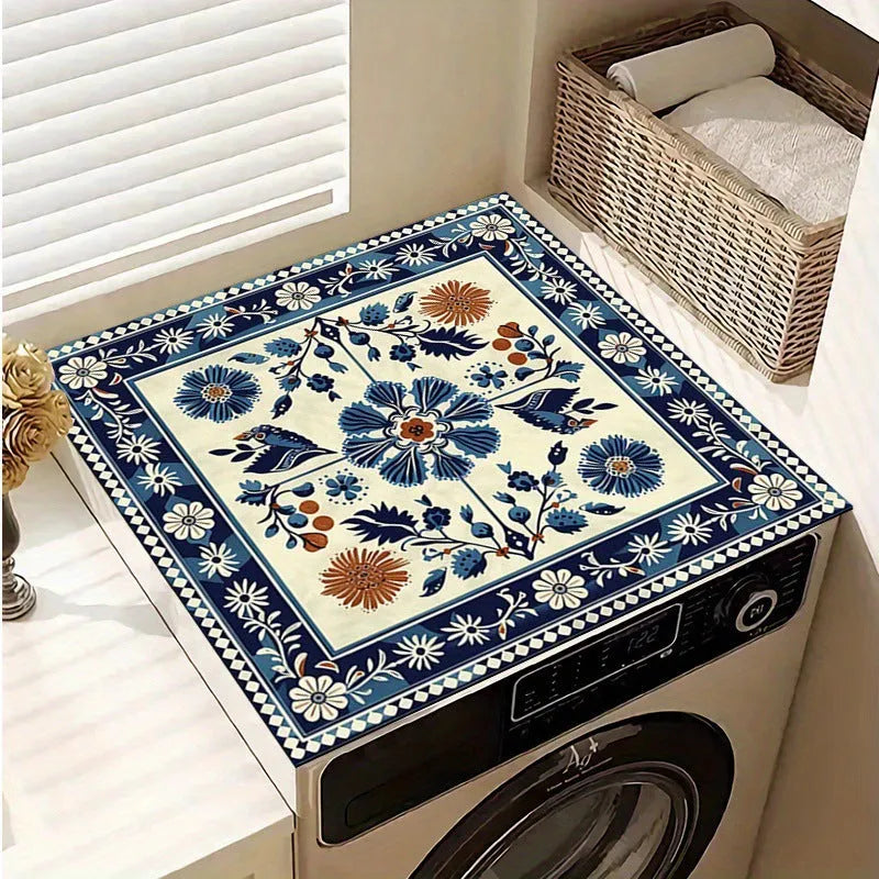 Dustproof absorbent washing machine mat with abstract print in front of a washing machine